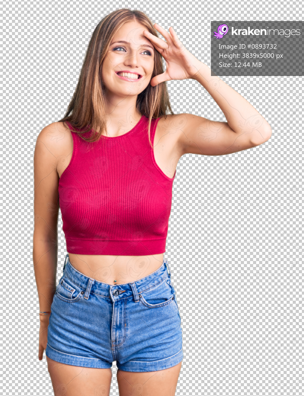 Young beautiful blonde woman wearing elegant summer shirt very happy and smiling looking far away with hand over head. searching concept.