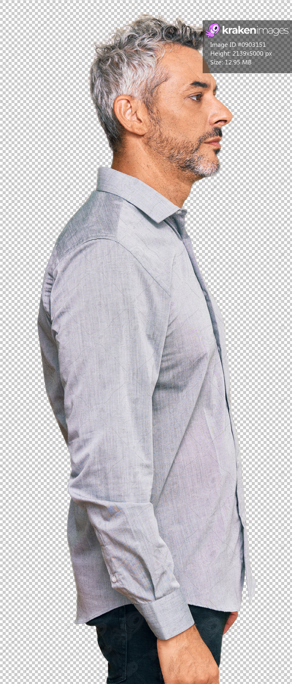 Middle age grey-haired man wearing casual clothes looking to side, relax profile pose with natural face with confident smile.