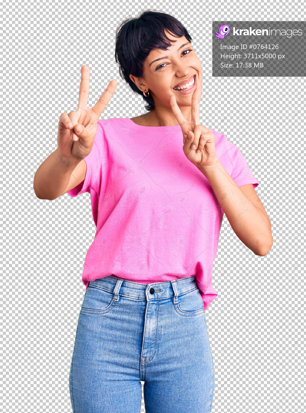 Young brunette woman with short hair wearing casual clothes smiling looking to the camera showing fingers doing victory sign. number two.