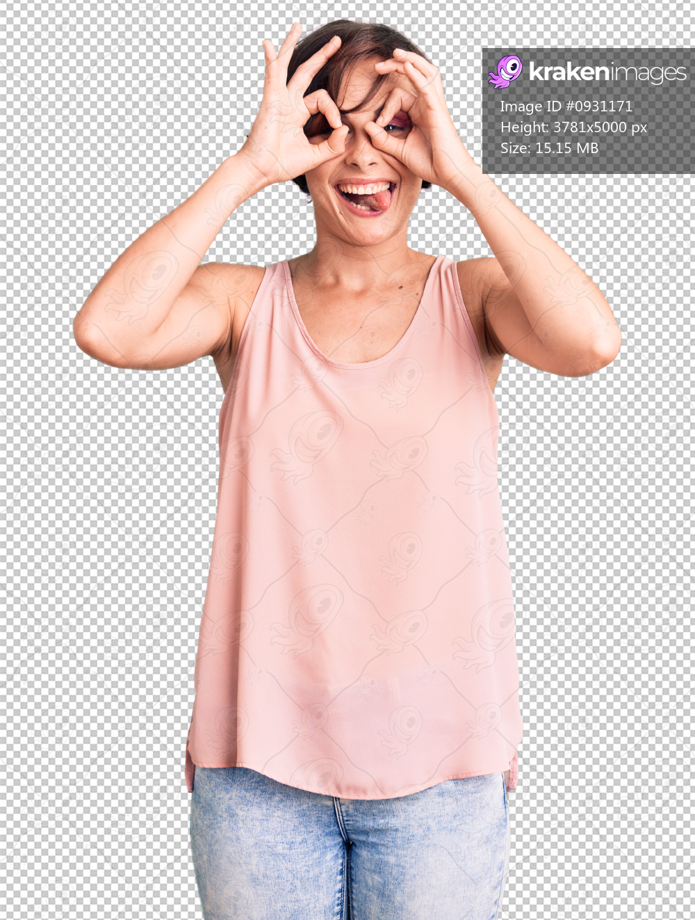 Beautiful young woman with short hair wearing casual style with sleeveless shirt doing ok gesture like binoculars sticking tongue out, eyes looking through fingers. crazy expression.