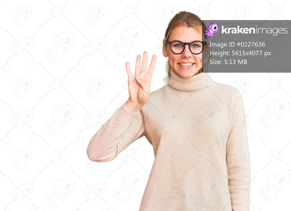 Young beautiful blonde woman wearing turtleneck sweater and glasses showing and pointing up with fingers number four while smiling confident and happy. 
