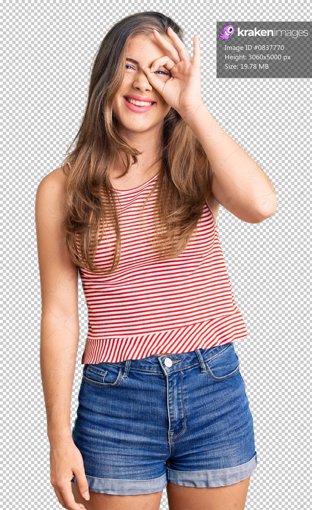 Beautiful caucasian young woman wearing casual clothes doing ok gesture with hand smiling, eye looking through fingers with happy face.