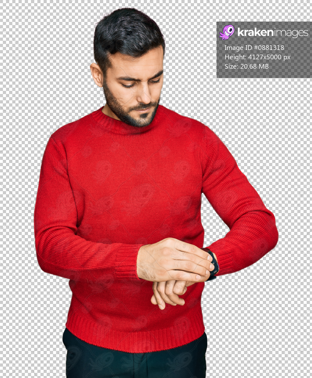 Young hispanic man wearing casual clothes checking the time on wrist watch, relaxed and confident