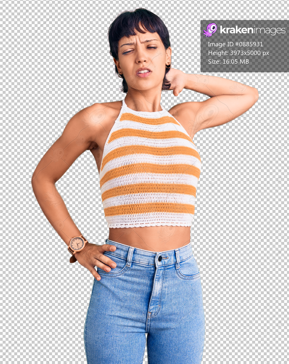 Young brunette woman with short hair wearing casual clothes suffering of neck ache injury, touching neck with hand, muscular pain