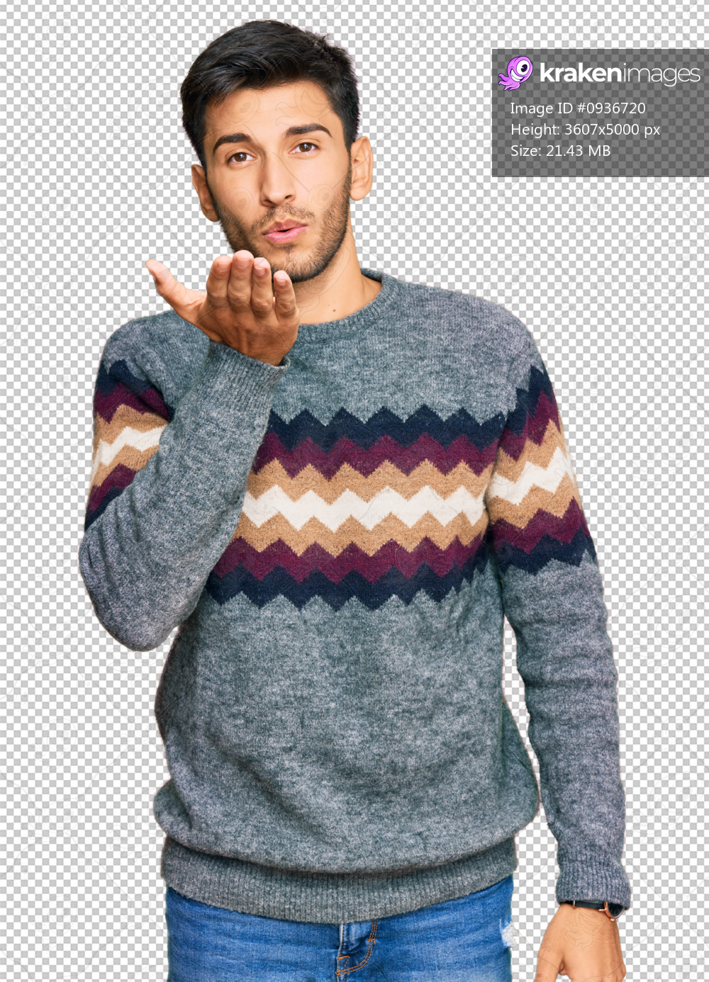 Young handsome man wearing casual winter sweater looking at the camera blowing a kiss with hand on air being lovely and sexy. love expression.