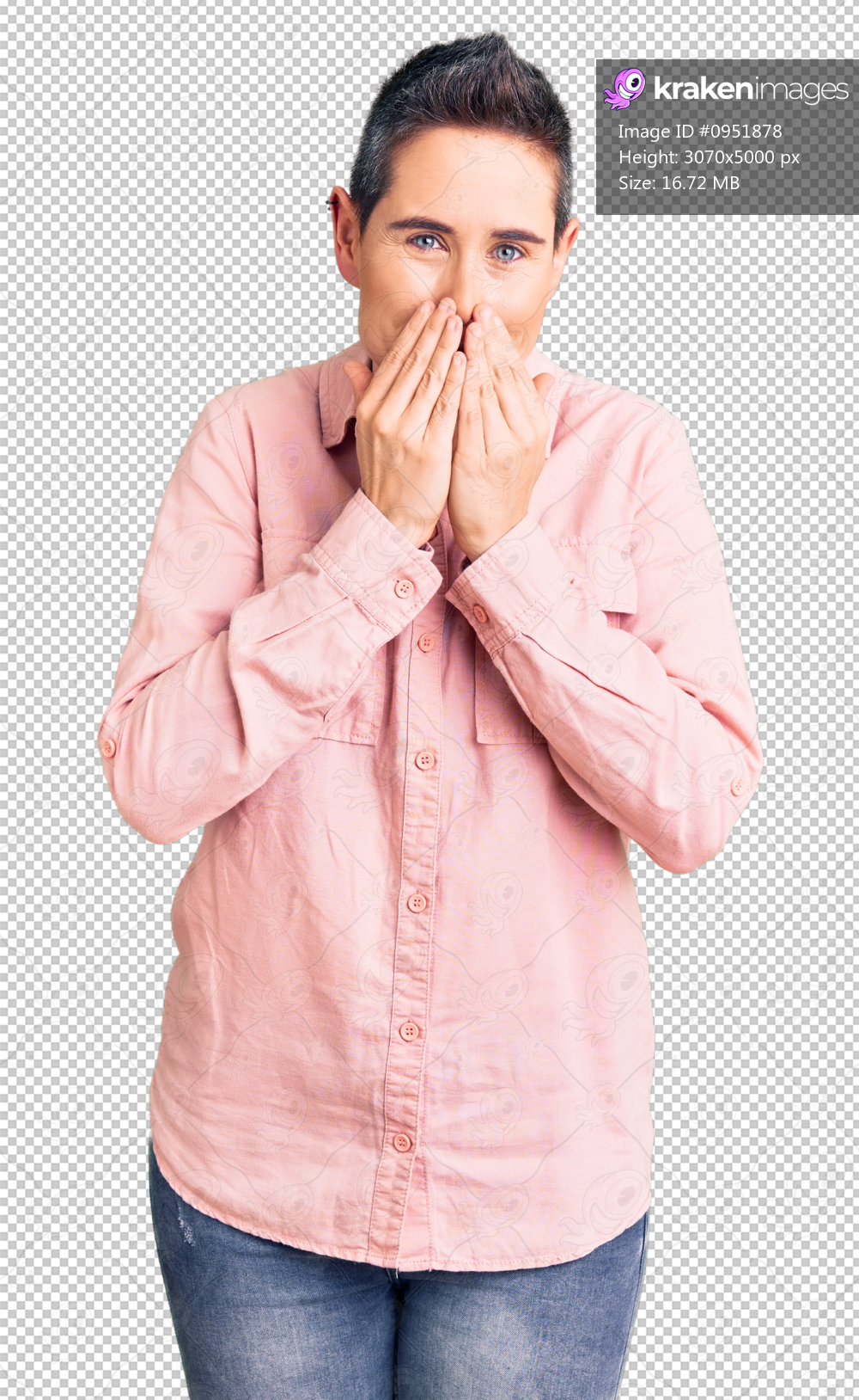 Young woman with short hair wearing casual clothes laughing and embarrassed giggle covering mouth with hands, gossip and scandal concept