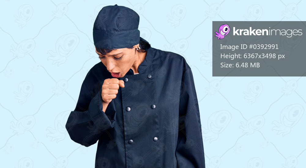 Young brunette woman with short hair wearing professional cook uniform feeling unwell and coughing as symptom for cold or bronchitis. health care concept. 