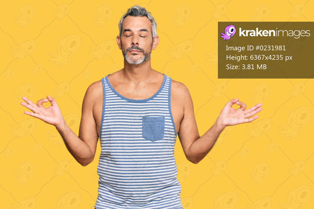 Middle age grey-haired man wearing casual style with sleeveless shirt relax and smiling with eyes closed doing meditation gesture with fingers. yoga concept. 