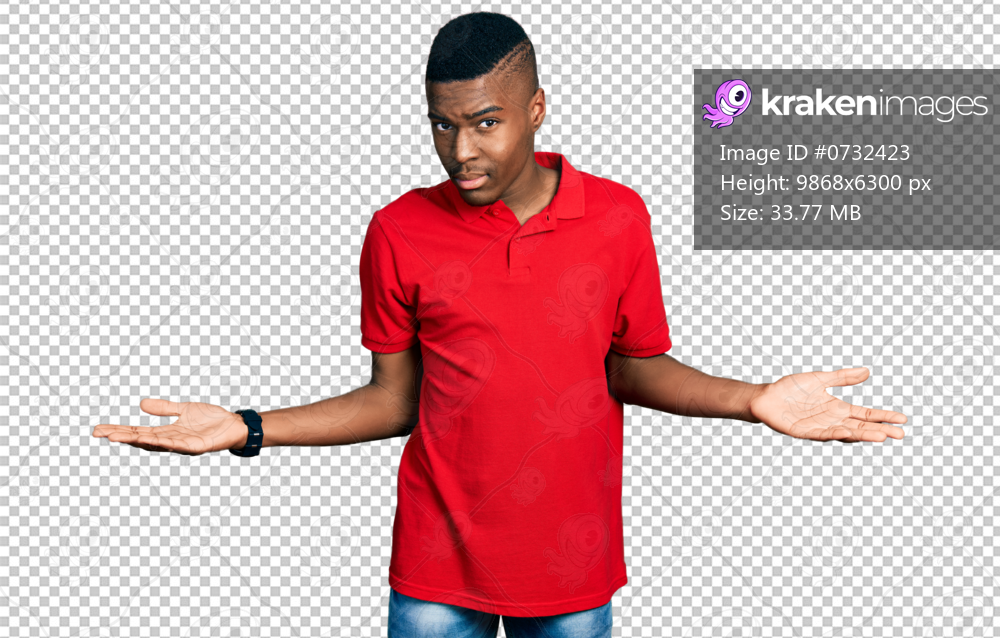 Young african american man wearing casual red t shirt clueless and confused with open arms, no idea concept.