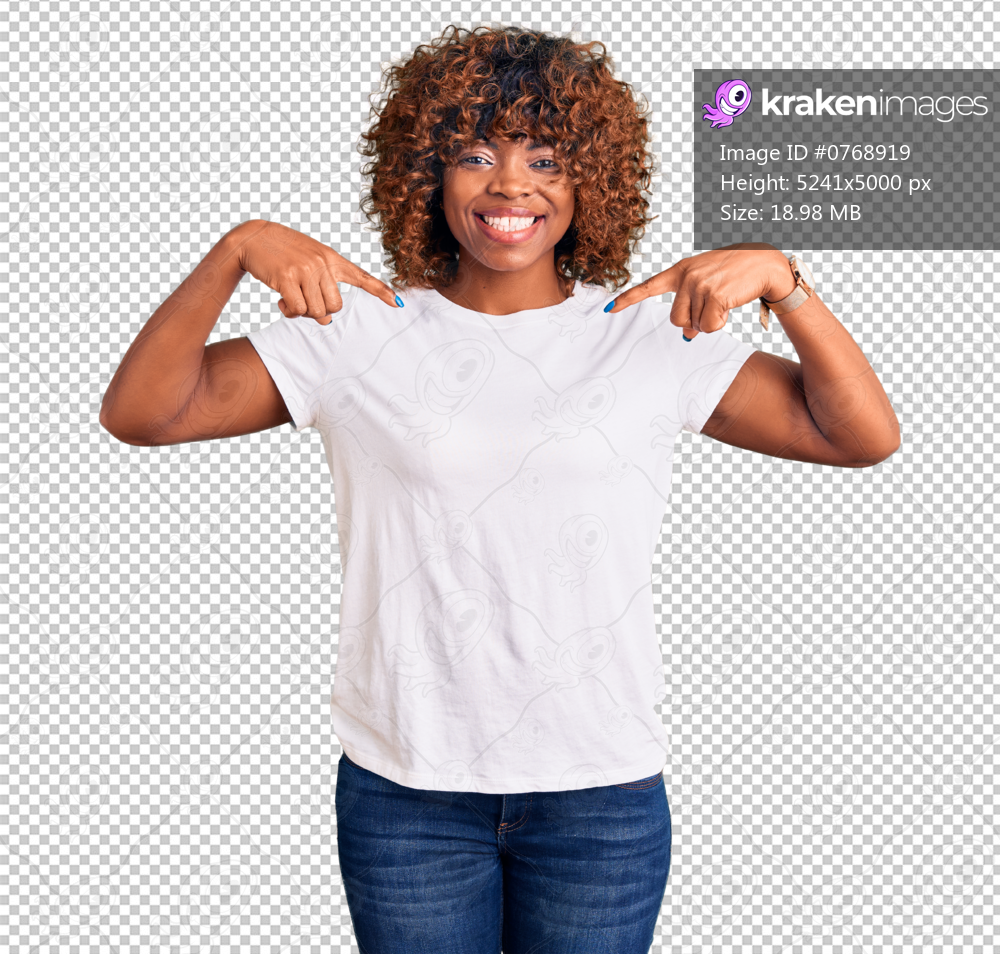 Young african american woman wearing casual white tshirt looking confident with smile on face, pointing oneself with fingers proud and happy.
