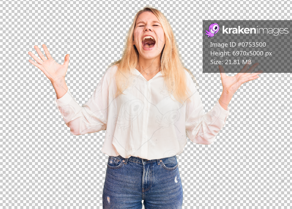 Young beautiful blonde woman wearing casual shirt crazy and mad shouting and yelling with aggressive expression and arms raised. frustration concept.