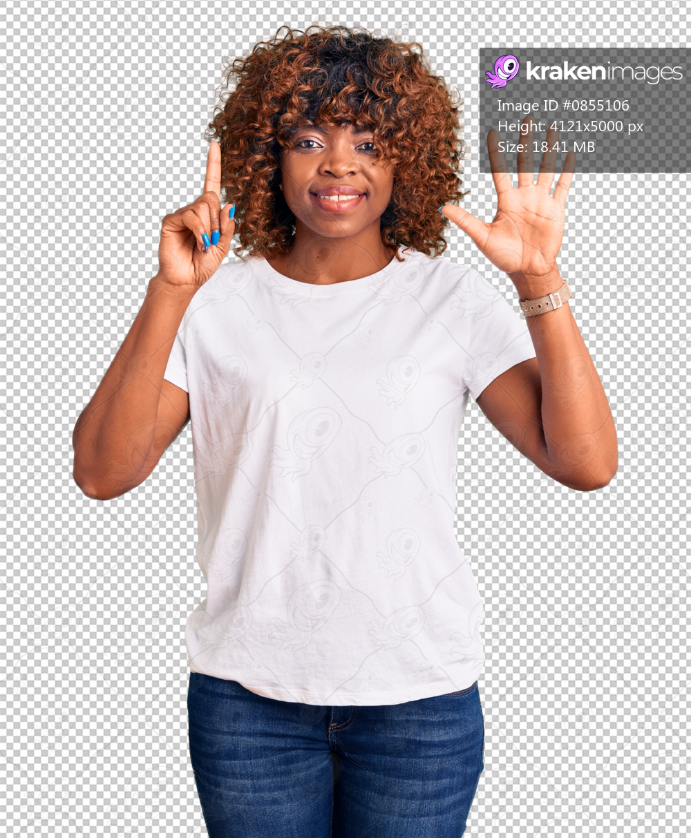 Young african american woman wearing casual white tshirt showing and pointing up with fingers number six while smiling confident and happy.