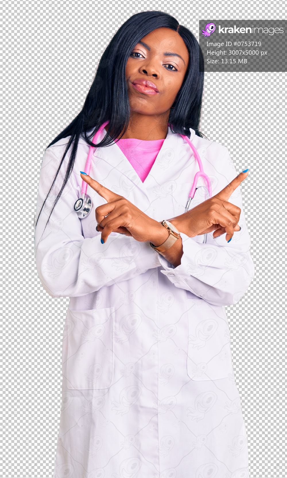 Young african american woman wearing doctor stethoscope pointing to both sides with fingers, different direction disagree