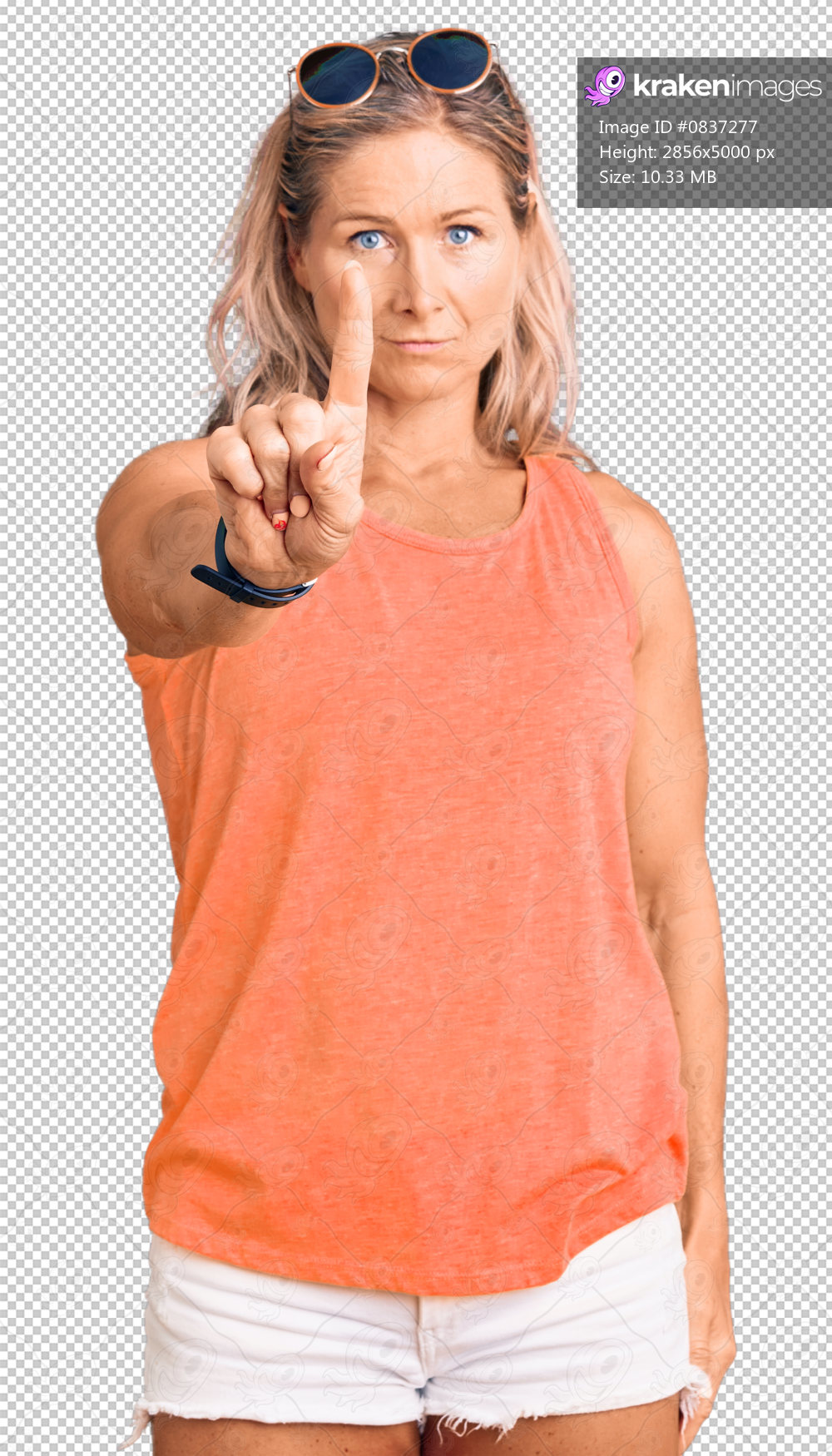 Middle age fit blonde woman wearing casual summer clothes and sunglasses pointing with finger up and angry expression, showing no gesture