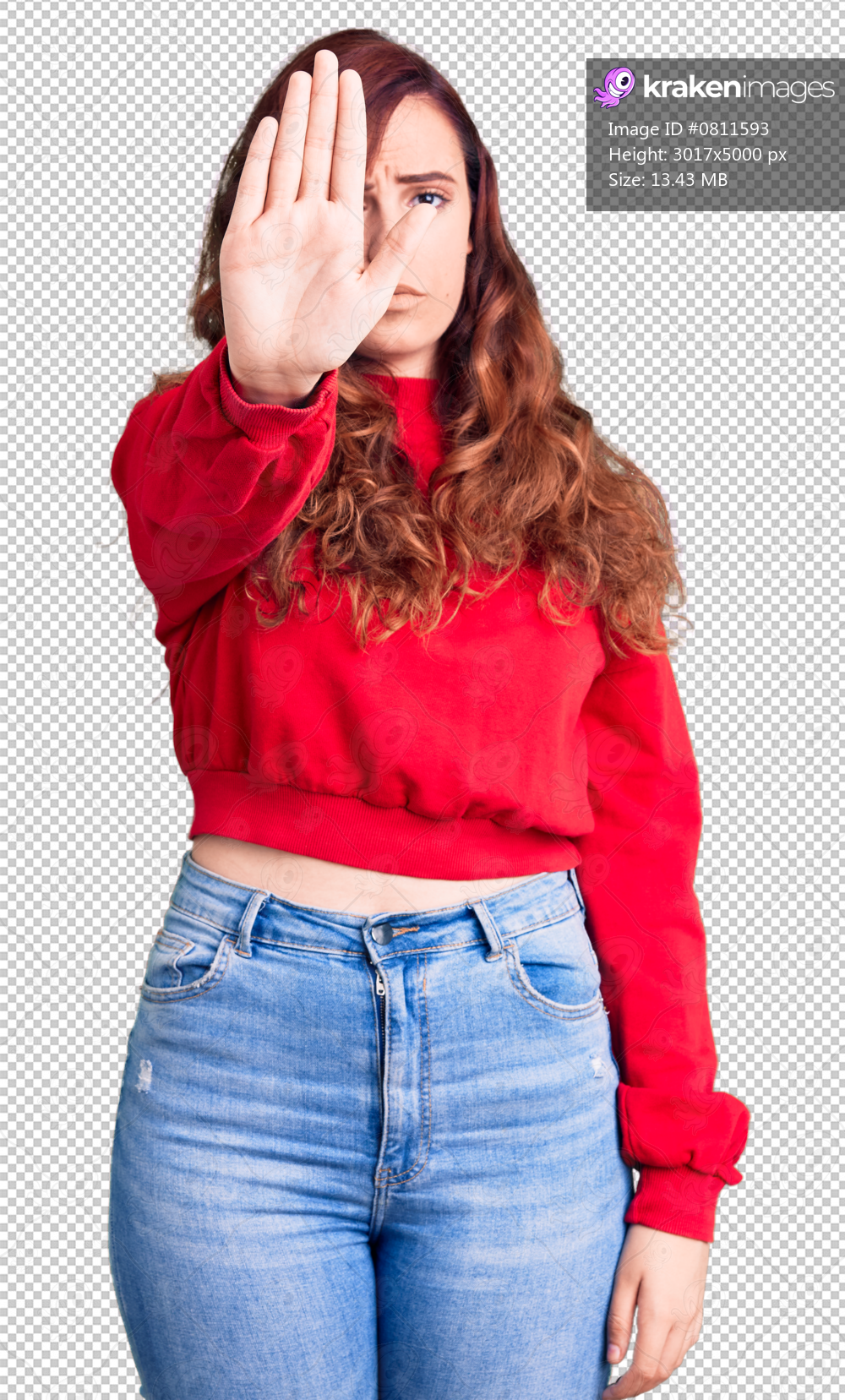 Young beautiful woman wearing casual winter sweater doing stop sing with palm of the hand. warning expression with negative and serious gesture on the face.