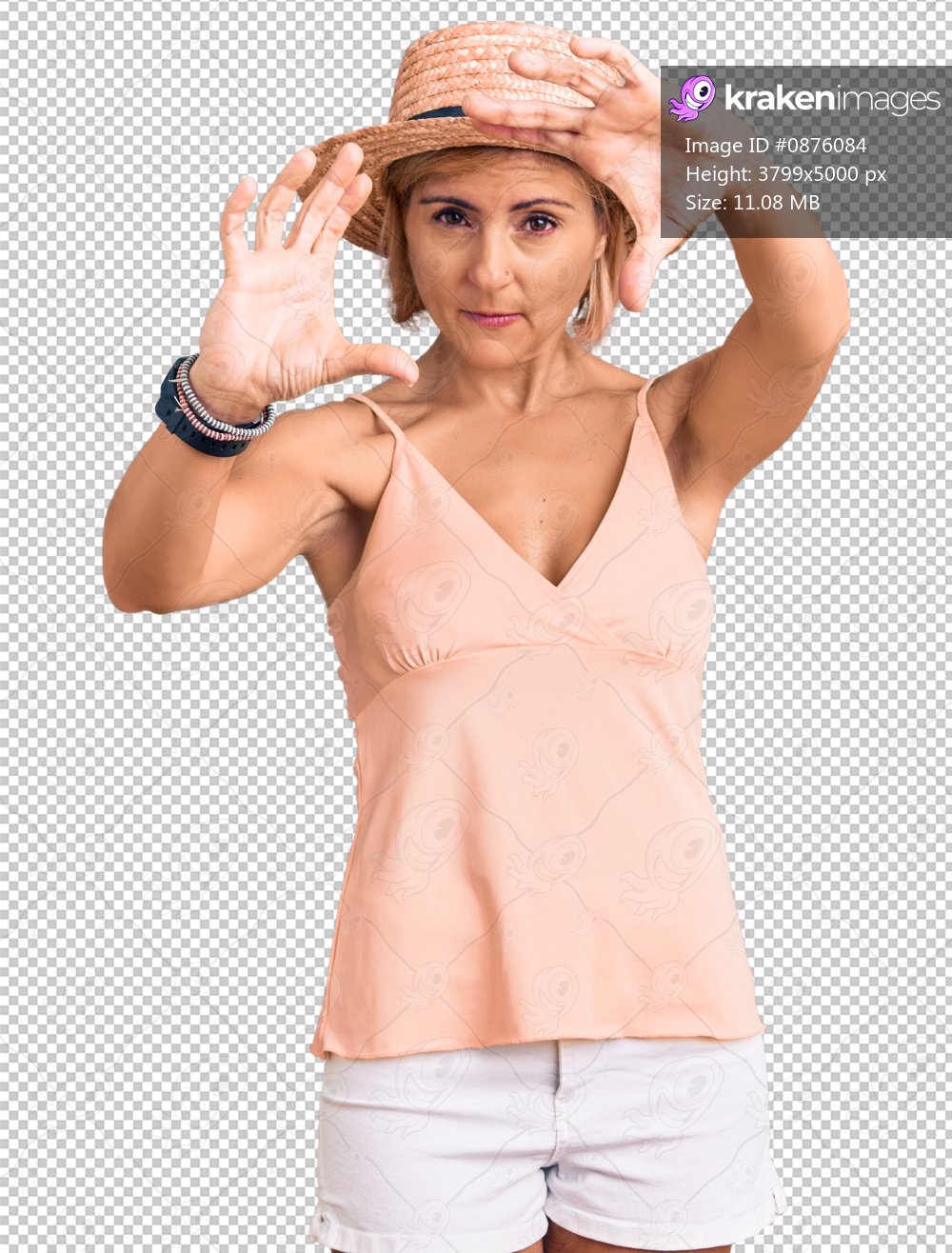 Young blonde woman wearing summer hat doing frame using hands palms and fingers, camera perspective