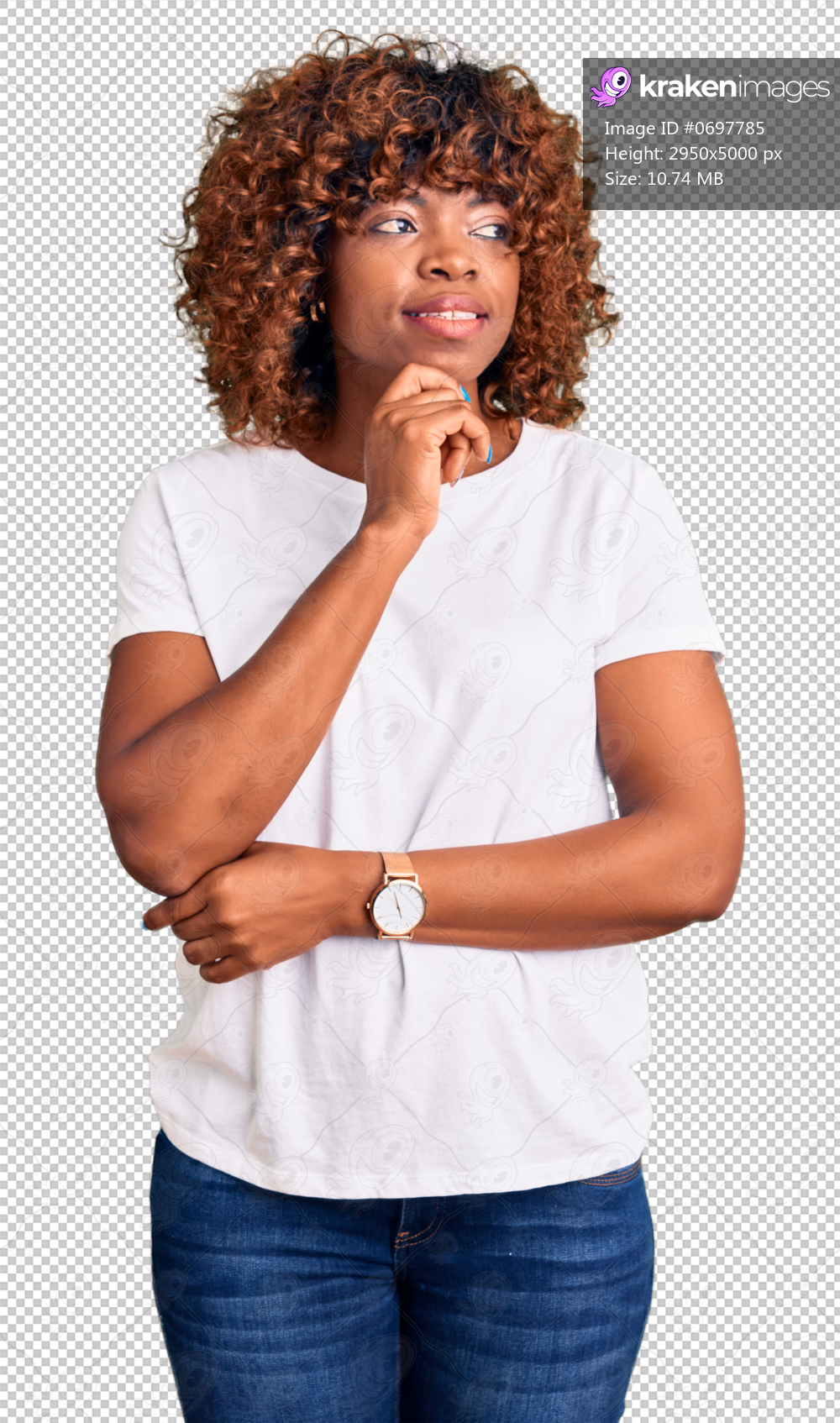 Young african american woman wearing casual white tshirt with hand on chin thinking about question, pensive expression. smiling with thoughtful face. doubt concept.