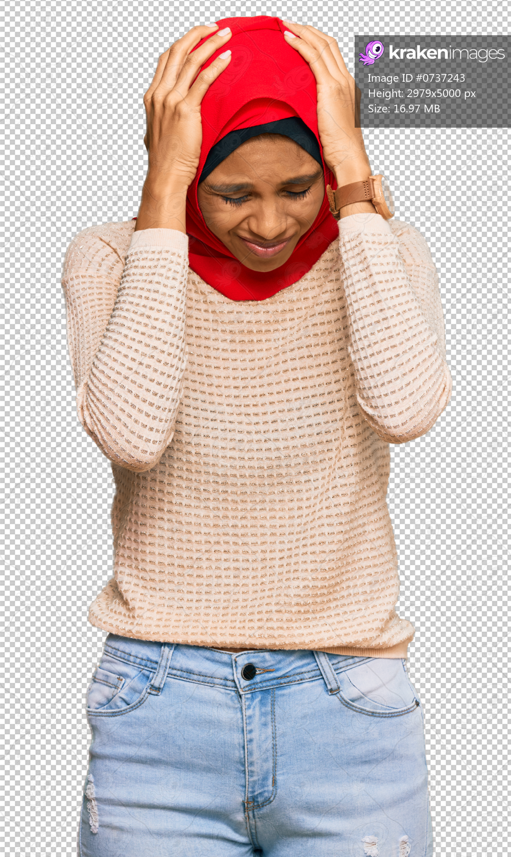 Young african american woman wearing traditional islamic hijab scarf suffering from headache desperate and stressed because pain and migraine. hands on head.
