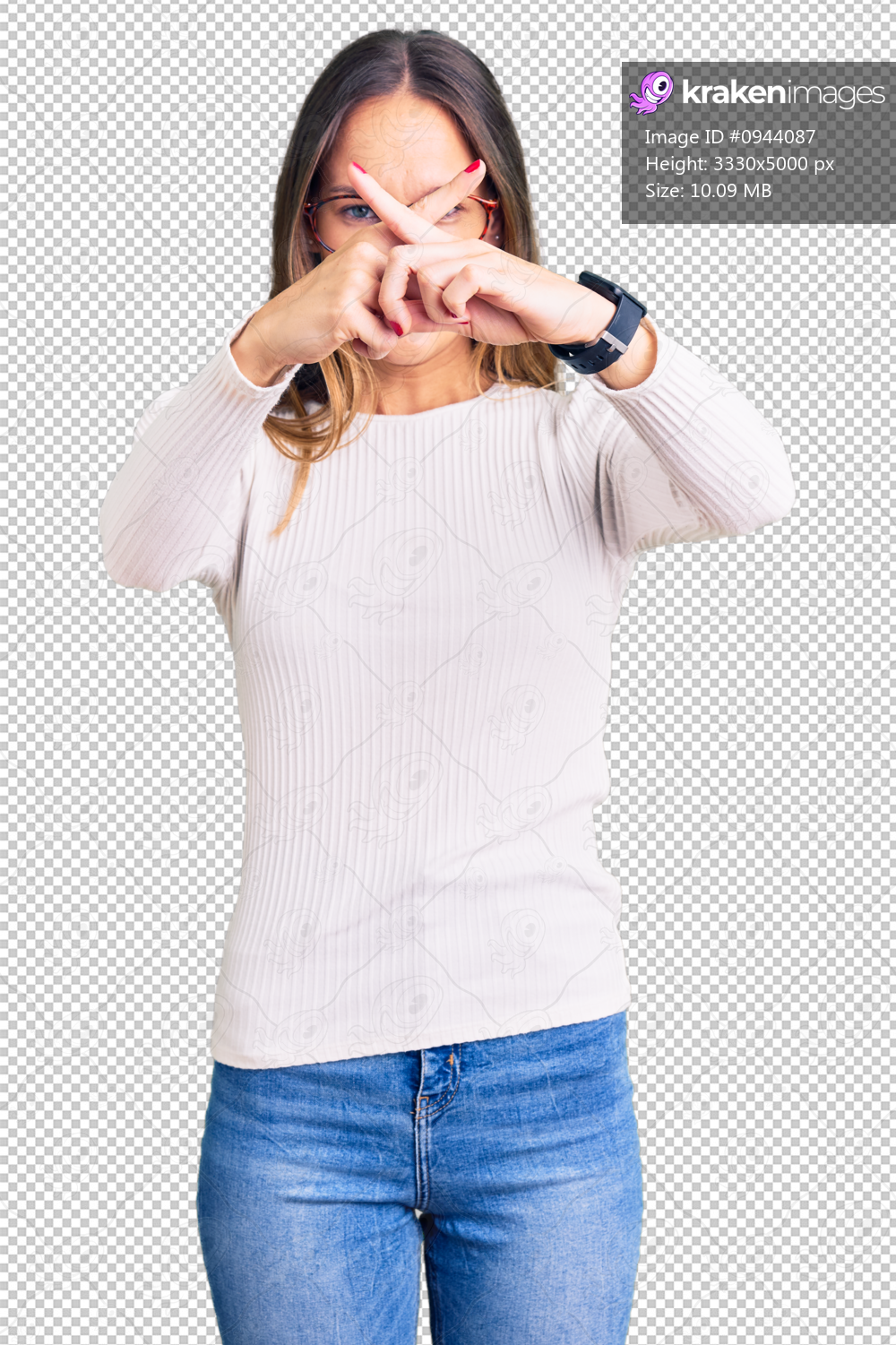 Beautiful brunette young woman wearing casual white sweater and glasses rejection expression crossing fingers doing negative sign