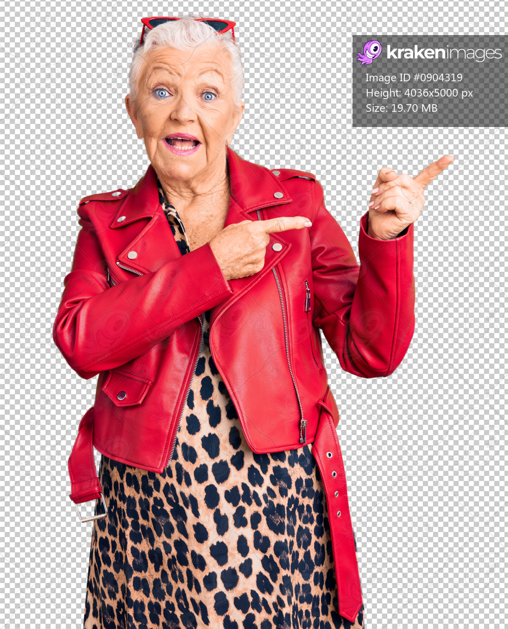 Senior beautiful woman with blue eyes and grey hair wearing a modern style with a red leather jacket smiling and looking at the camera pointing with two hands and fingers to the side.
