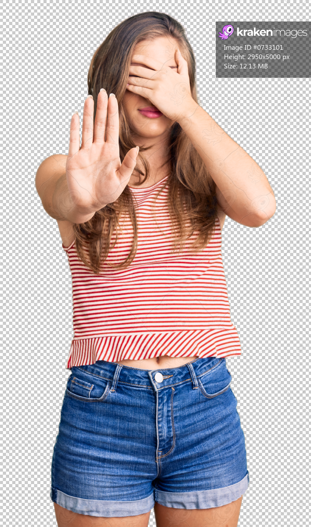 Beautiful caucasian young woman wearing casual clothes covering eyes with hands and doing stop gesture with sad and fear expression. embarrassed and negative concept.