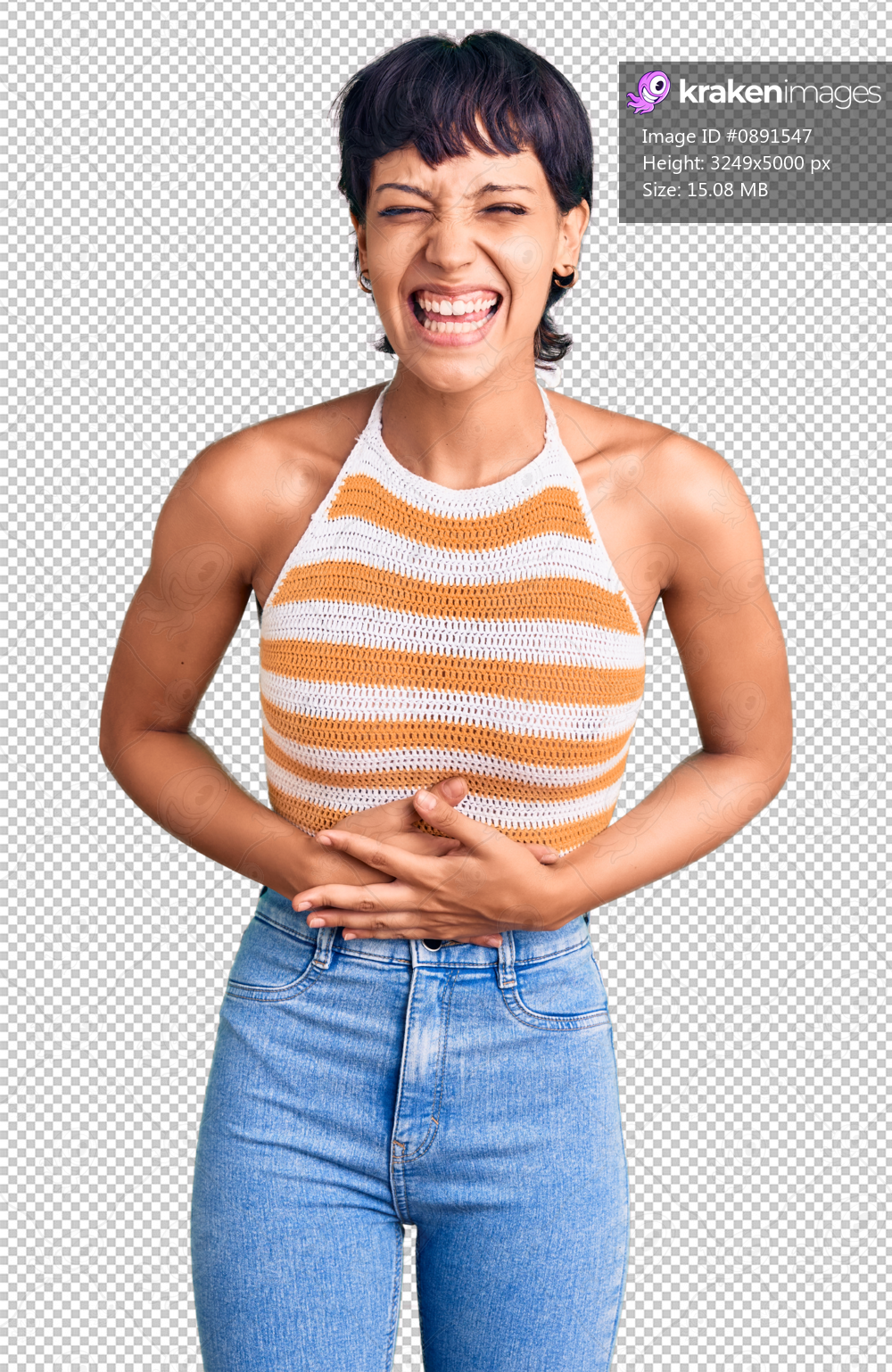 Young brunette woman with short hair wearing casual clothes smiling and laughing hard out loud because funny crazy joke with hands on body.