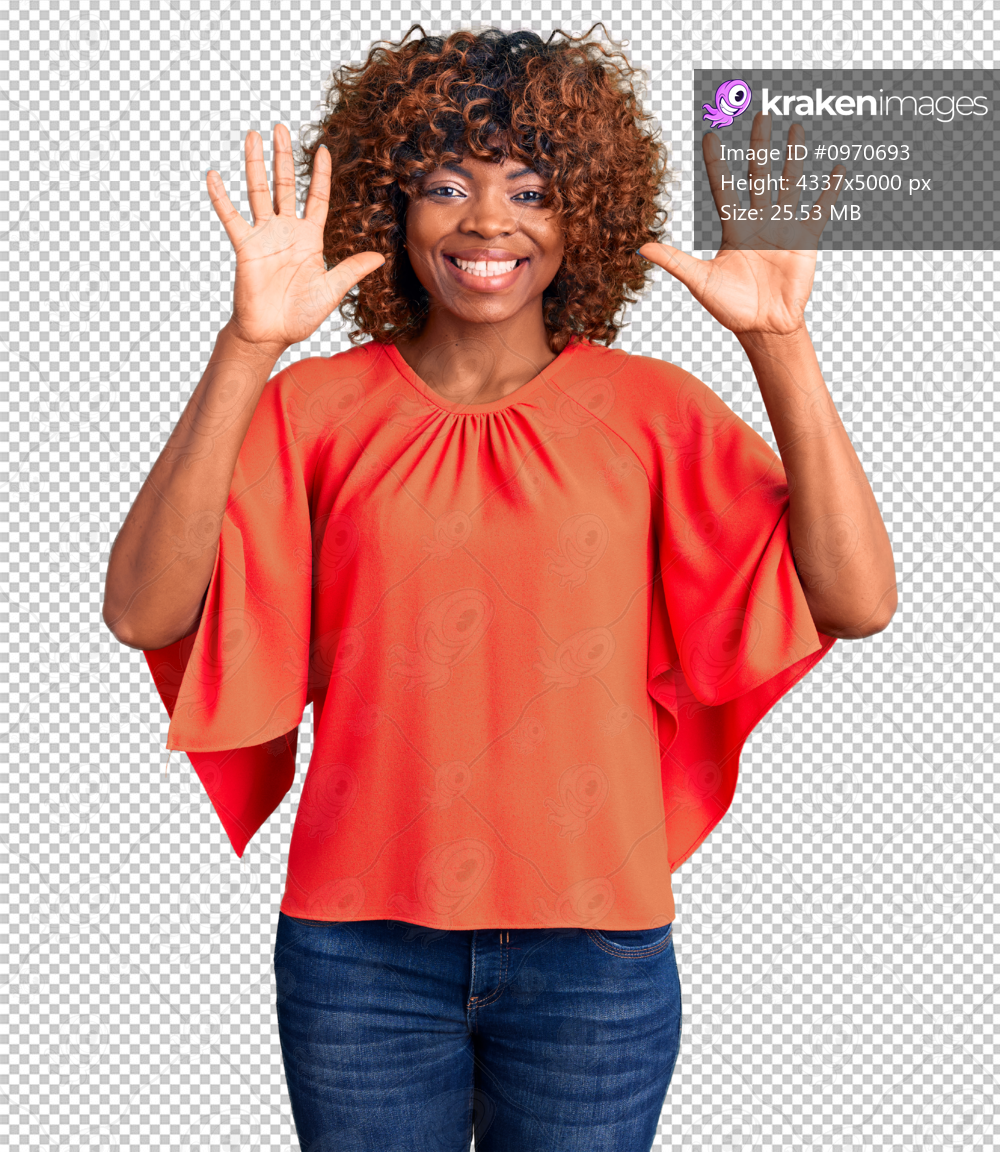 Young african american woman wearing casual clothes showing and pointing up with fingers number ten while smiling confident and happy.
