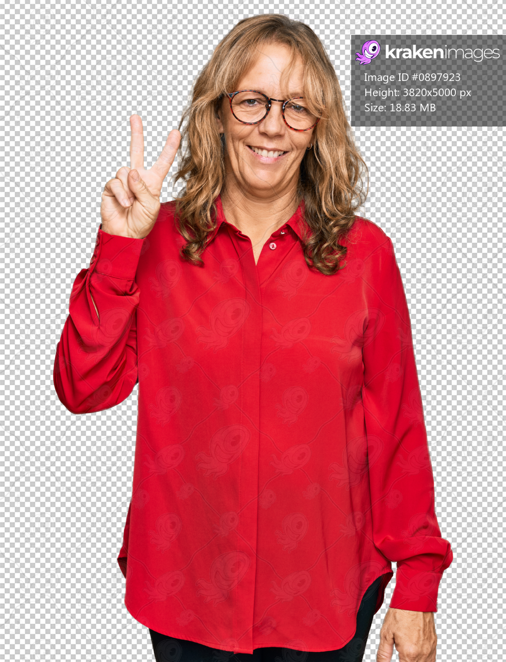 Middle age blonde woman wearing casual shirt over red background showing and pointing up with fingers number two while smiling confident and happy.