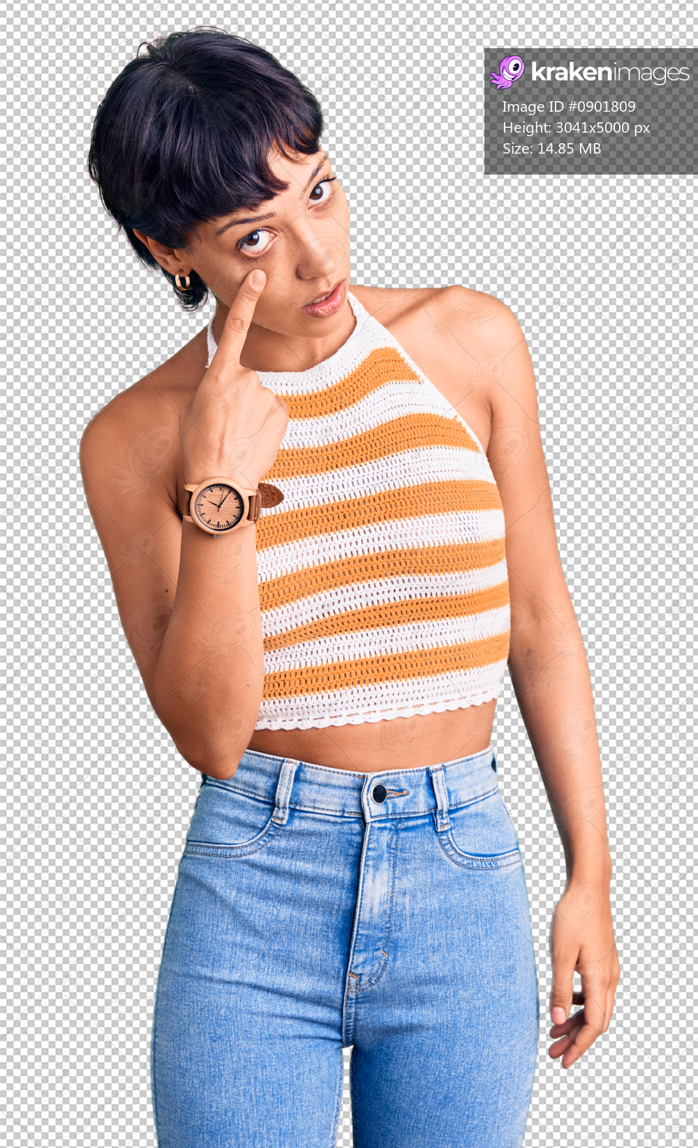 Young brunette woman with short hair wearing casual clothes pointing to the eye watching you gesture, suspicious expression