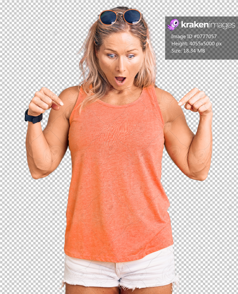 Middle age fit blonde woman wearing casual summer clothes and sunglasses pointing down with fingers showing advertisement, surprised face and open mouth