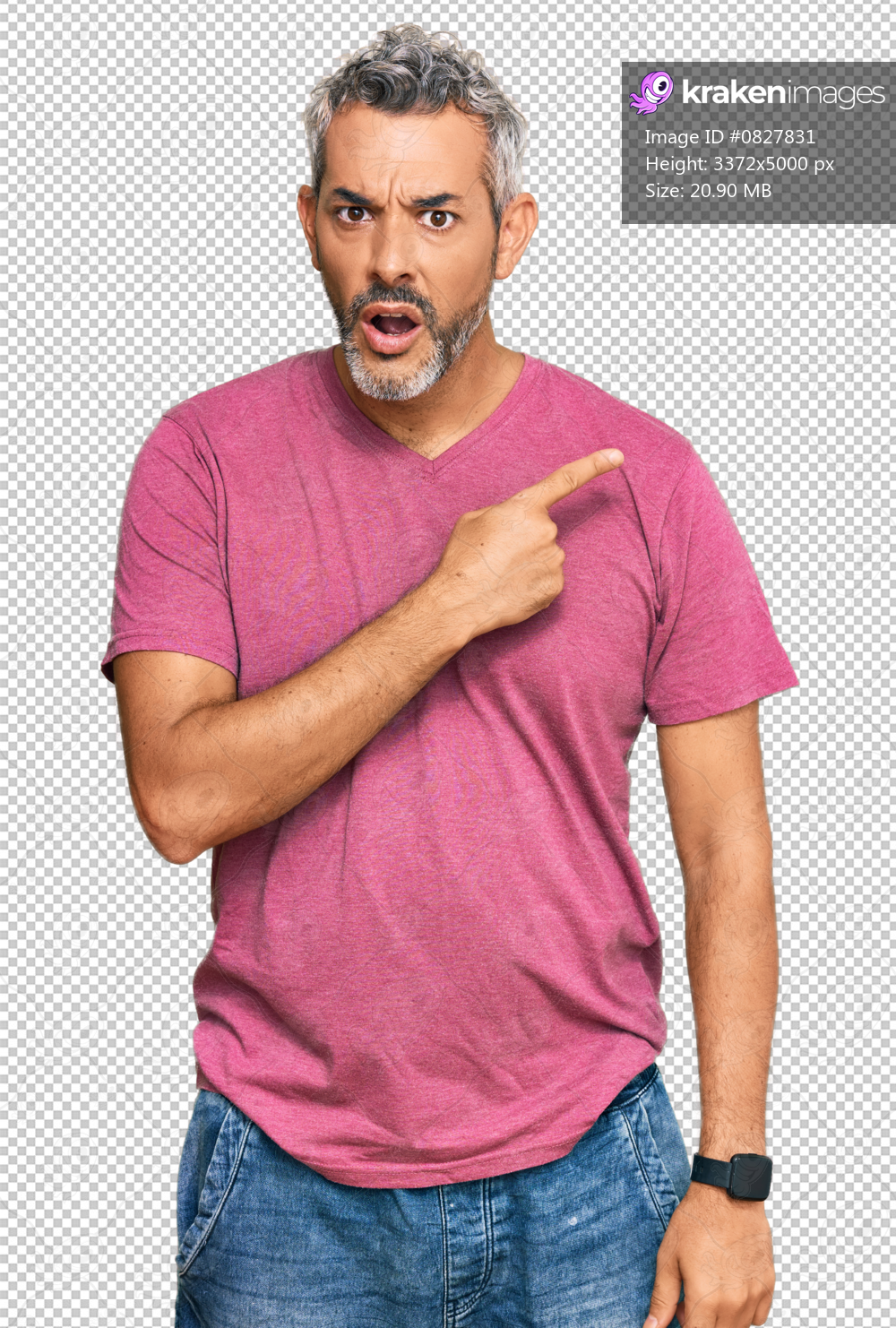 Middle age grey-haired man wearing casual clothes surprised pointing with finger to the side, open mouth amazed expression.