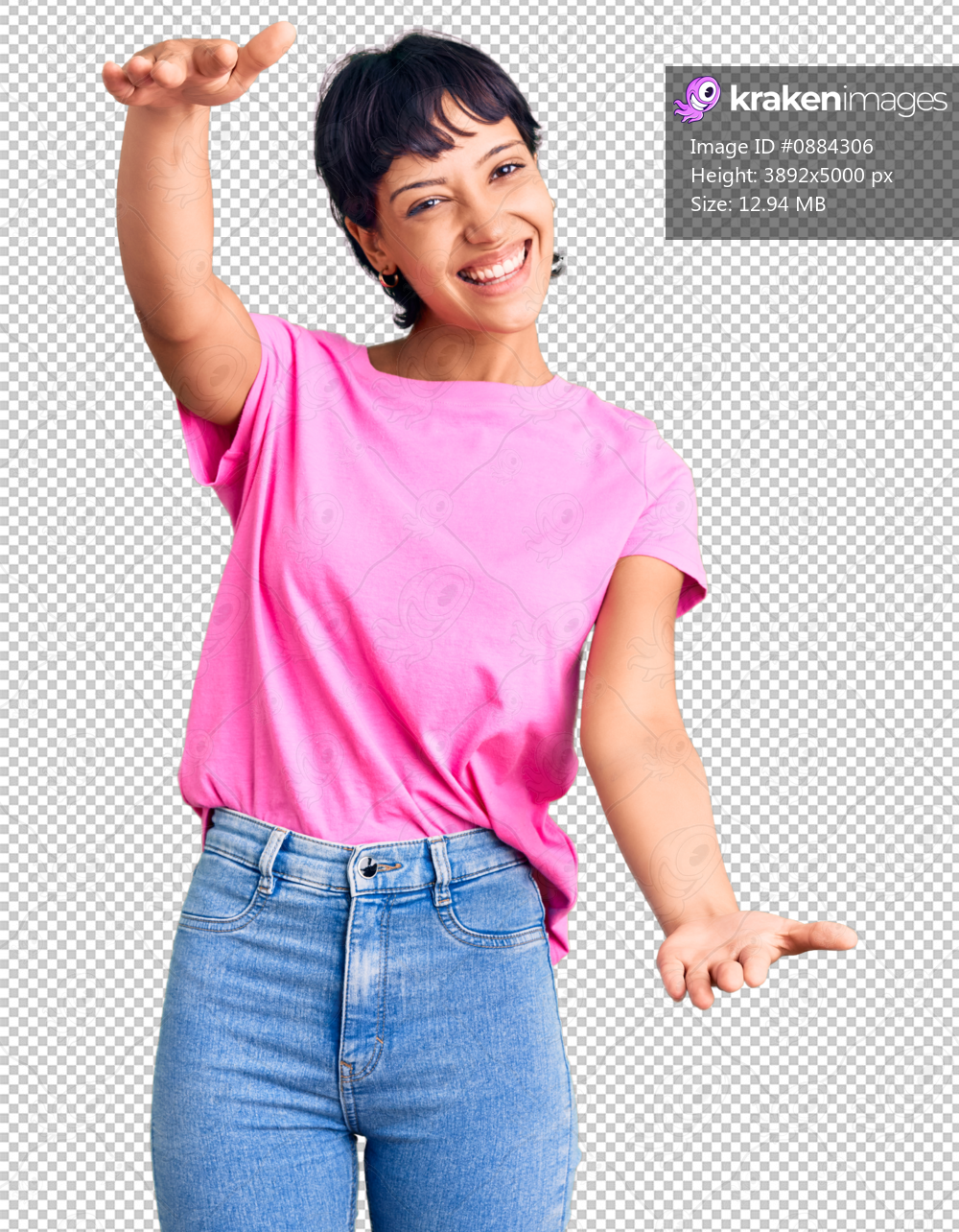 Young brunette woman with short hair wearing casual clothes looking at the camera smiling with open arms for hug. cheerful expression embracing happiness.
