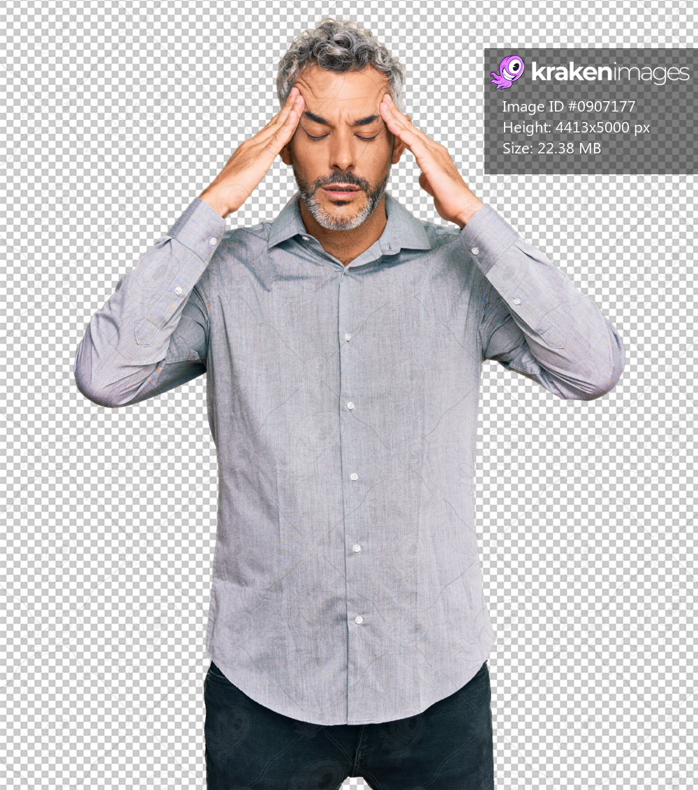 Middle age grey-haired man wearing casual clothes with hand on head for pain in head because stress. suffering migraine.