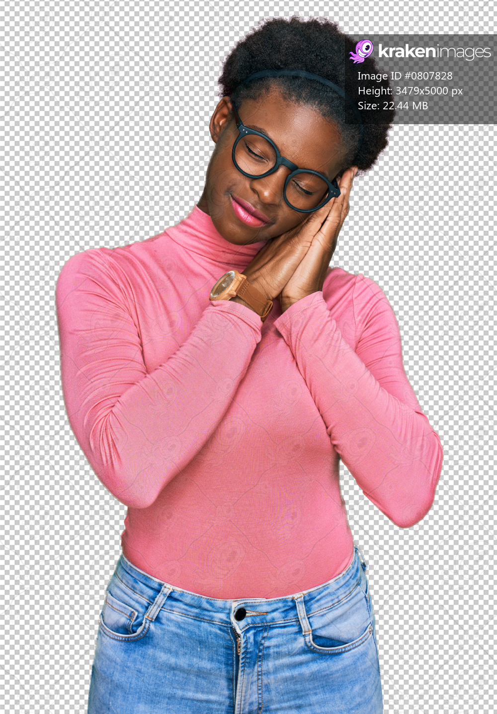 Young african american girl wearing casual clothes and glasses sleeping tired dreaming and posing with hands together while smiling with closed eyes.