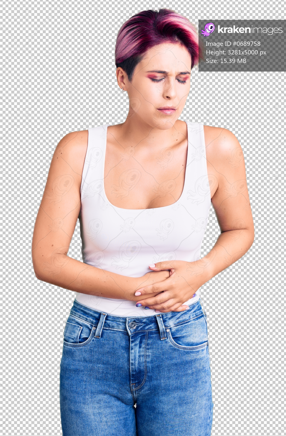 Young beautiful woman with pink hair wearing casual clothes with hand on stomach because indigestion, painful illness feeling unwell. ache concept.