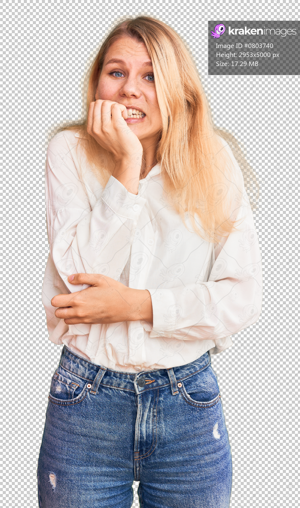 Young beautiful blonde woman wearing casual shirt looking stressed and nervous with hands on mouth biting nails. anxiety problem.