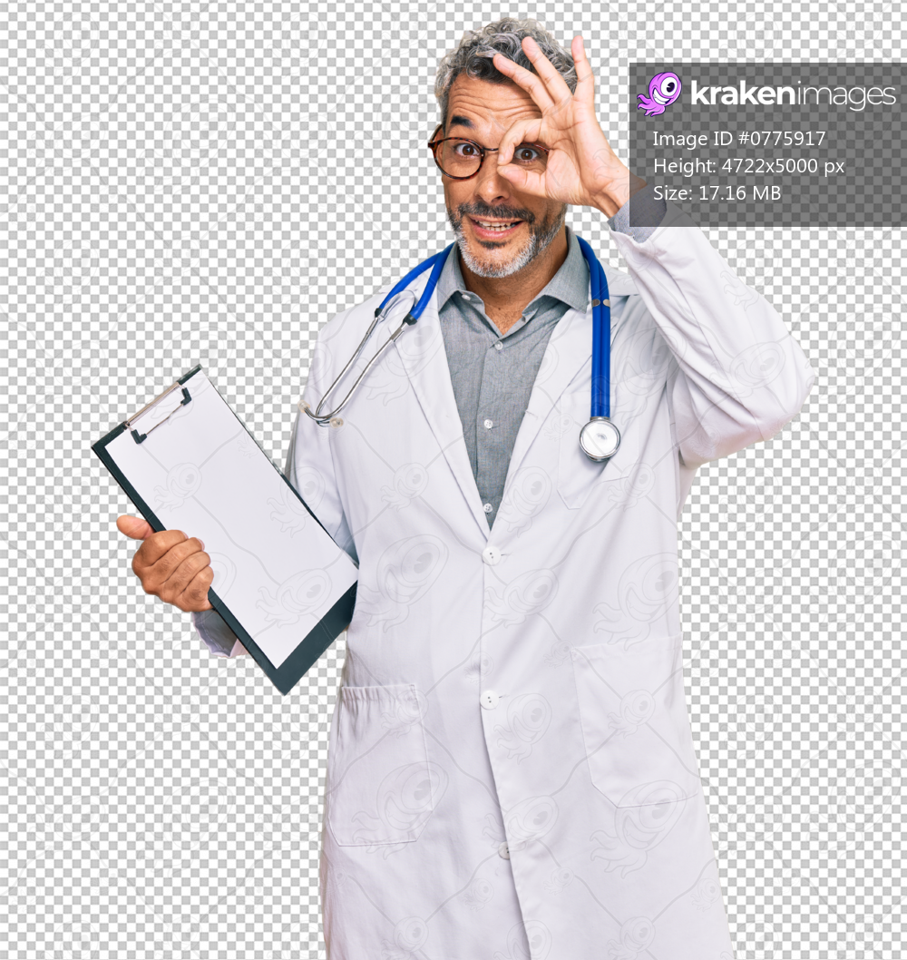 Middle age grey-haired man wearing doctor stethoscope holding clipboard smiling happy doing ok sign with hand on eye looking through fingers