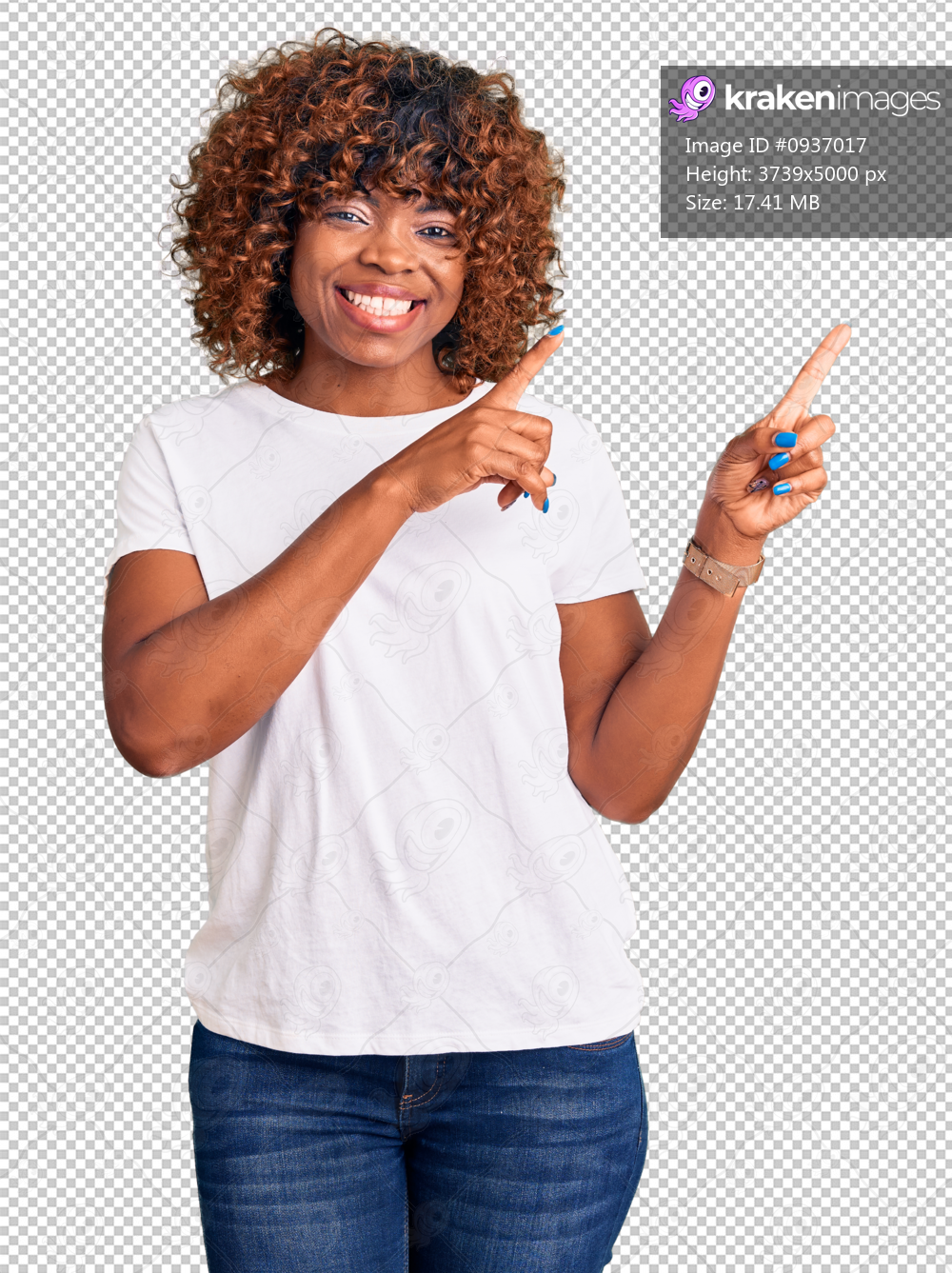 Young african american woman wearing casual white tshirt smiling and looking at the camera pointing with two hands and fingers to the side.
