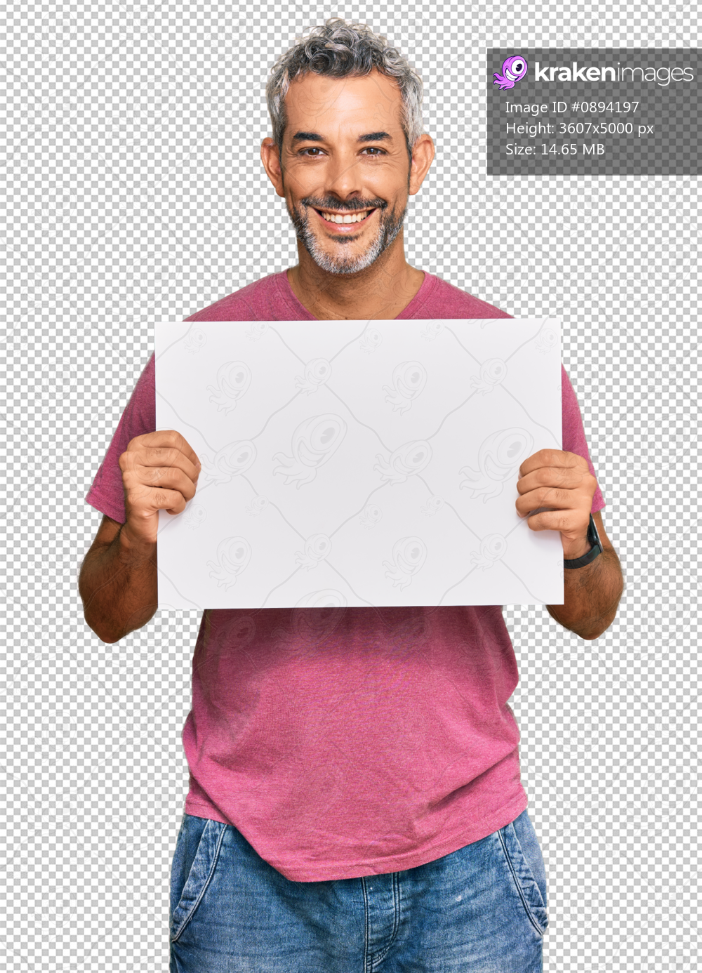 Middle age grey-haired man holding blank empty banner looking positive and happy standing and smiling with a confident smile showing teeth