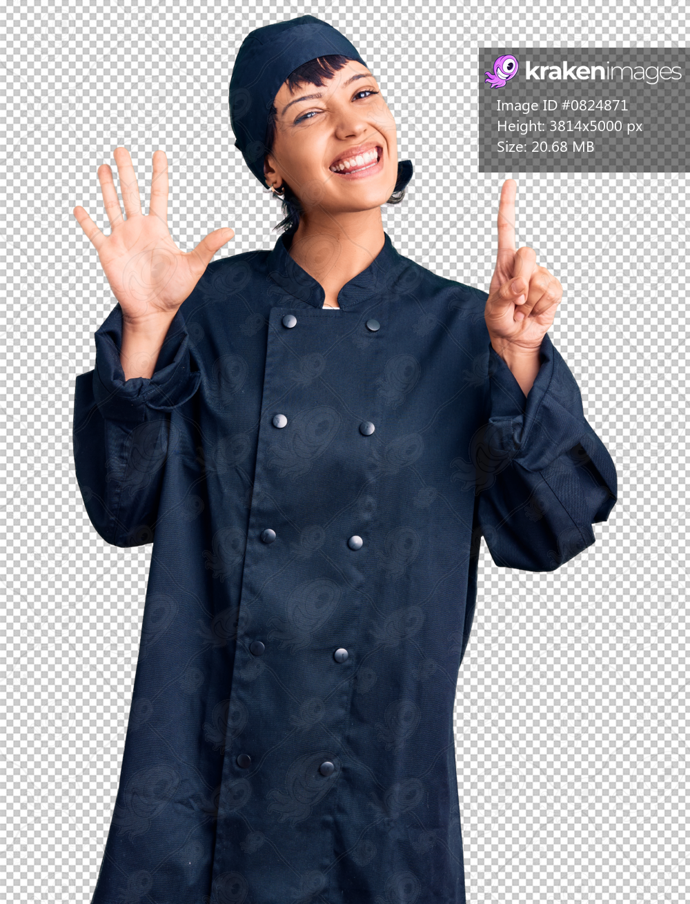 Young brunette woman with short hair wearing professional cook uniform showing and pointing up with fingers number six while smiling confident and happy.