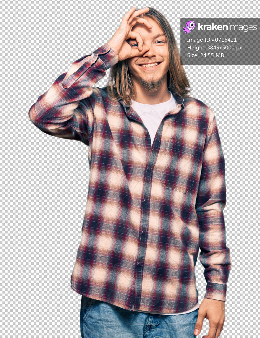 Handsome caucasian man with long hair wearing hipster shirt doing ok gesture with hand smiling, eye looking through fingers with happy face.