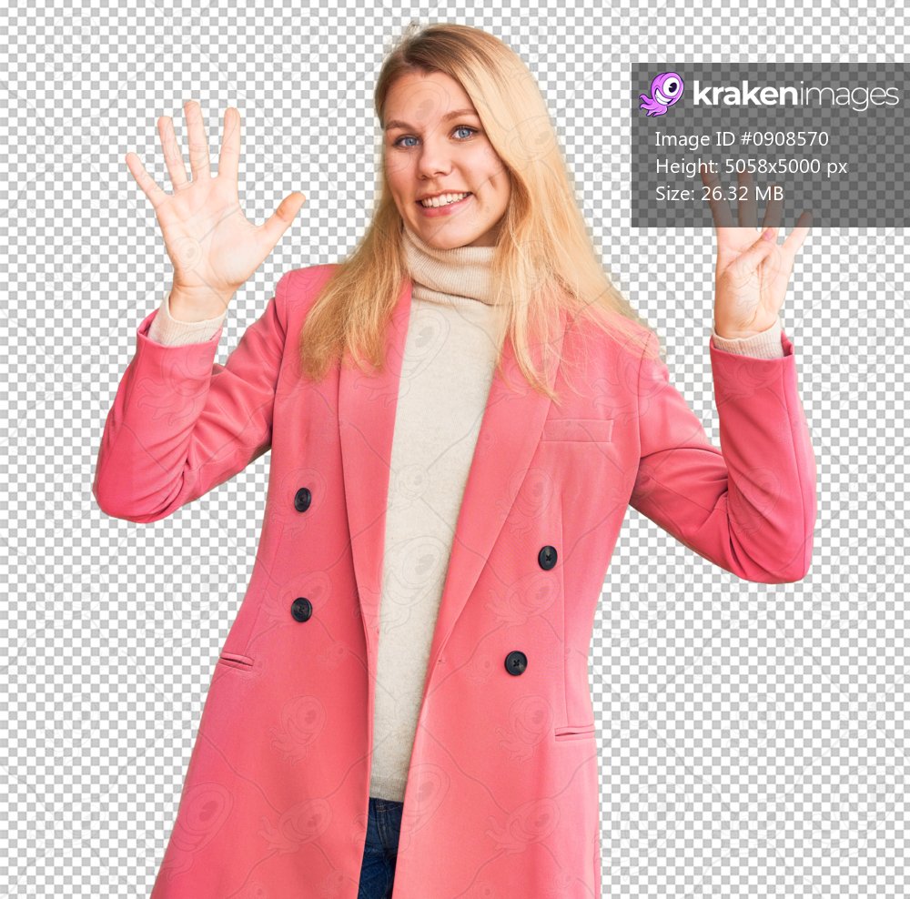 Young beautiful blonde woman wearing elegant clothes showing and pointing up with fingers number nine while smiling confident and happy.