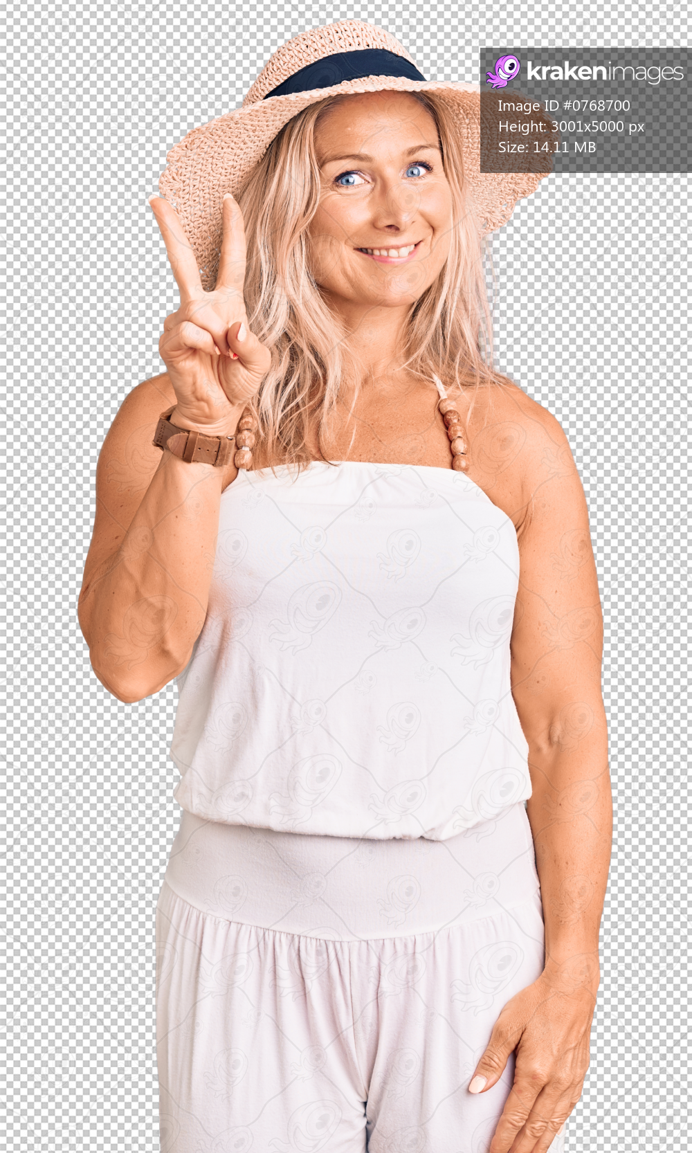 Middle age fit blonde woman wearing summer hat showing and pointing up with fingers number two while smiling confident and happy.