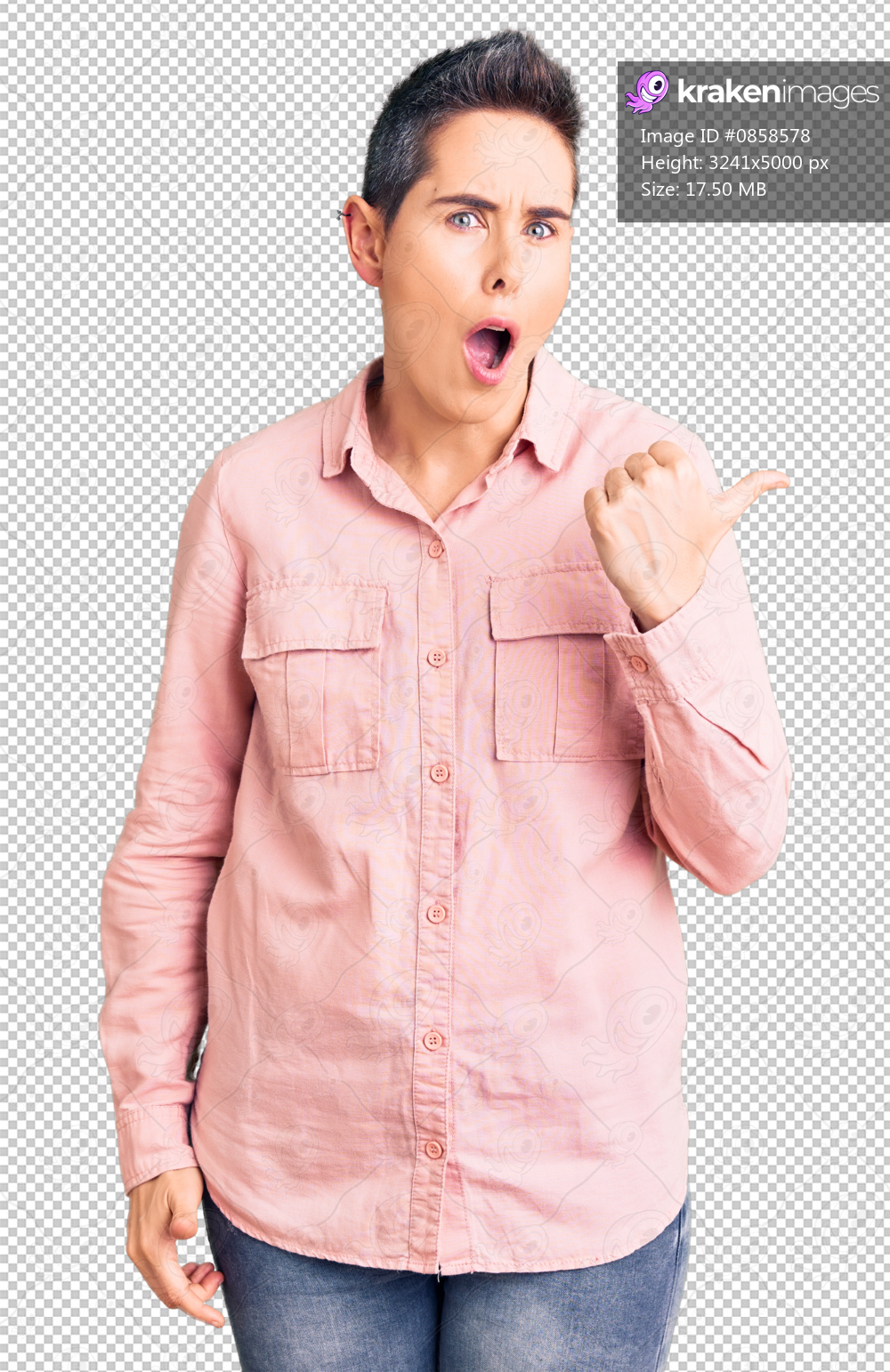 Young woman with short hair wearing casual clothes surprised pointing with hand finger to the side, open mouth amazed expression.
