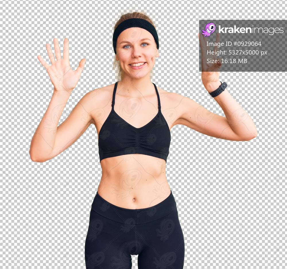 Young beautiful blonde woman wearing sportswear showing and pointing up with fingers number eight while smiling confident and happy.