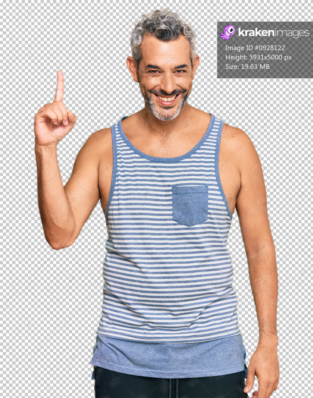 Middle age grey-haired man wearing casual style with sleeveless shirt pointing finger up with successful idea. exited and happy. number one.