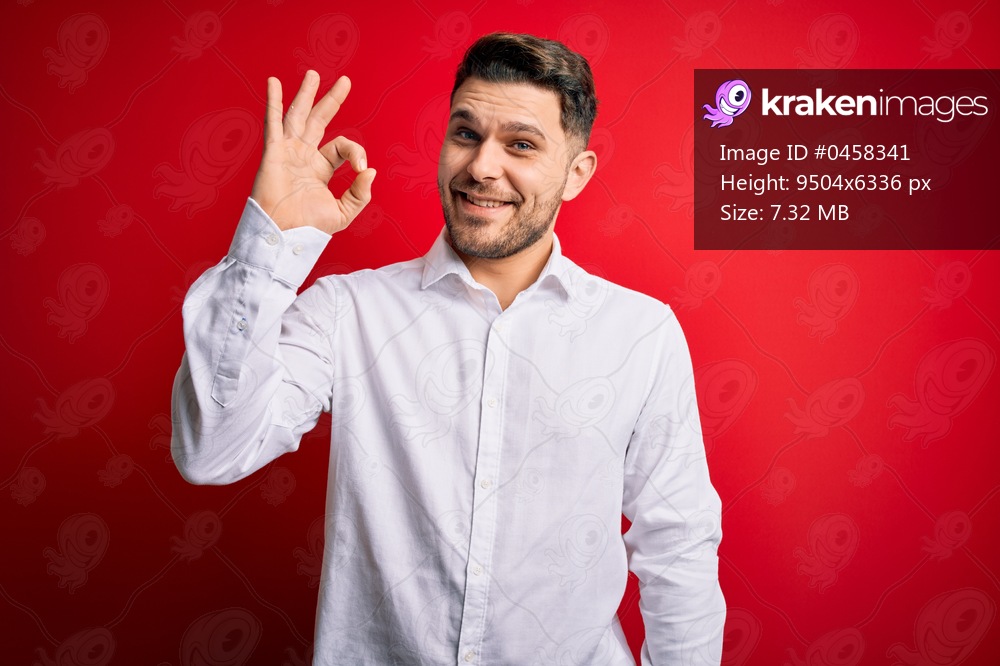 Young business man with blue eyes wearing elegant shirt standing over red isolated background smiling positive doing ok sign with hand and fingers. Successful expression.