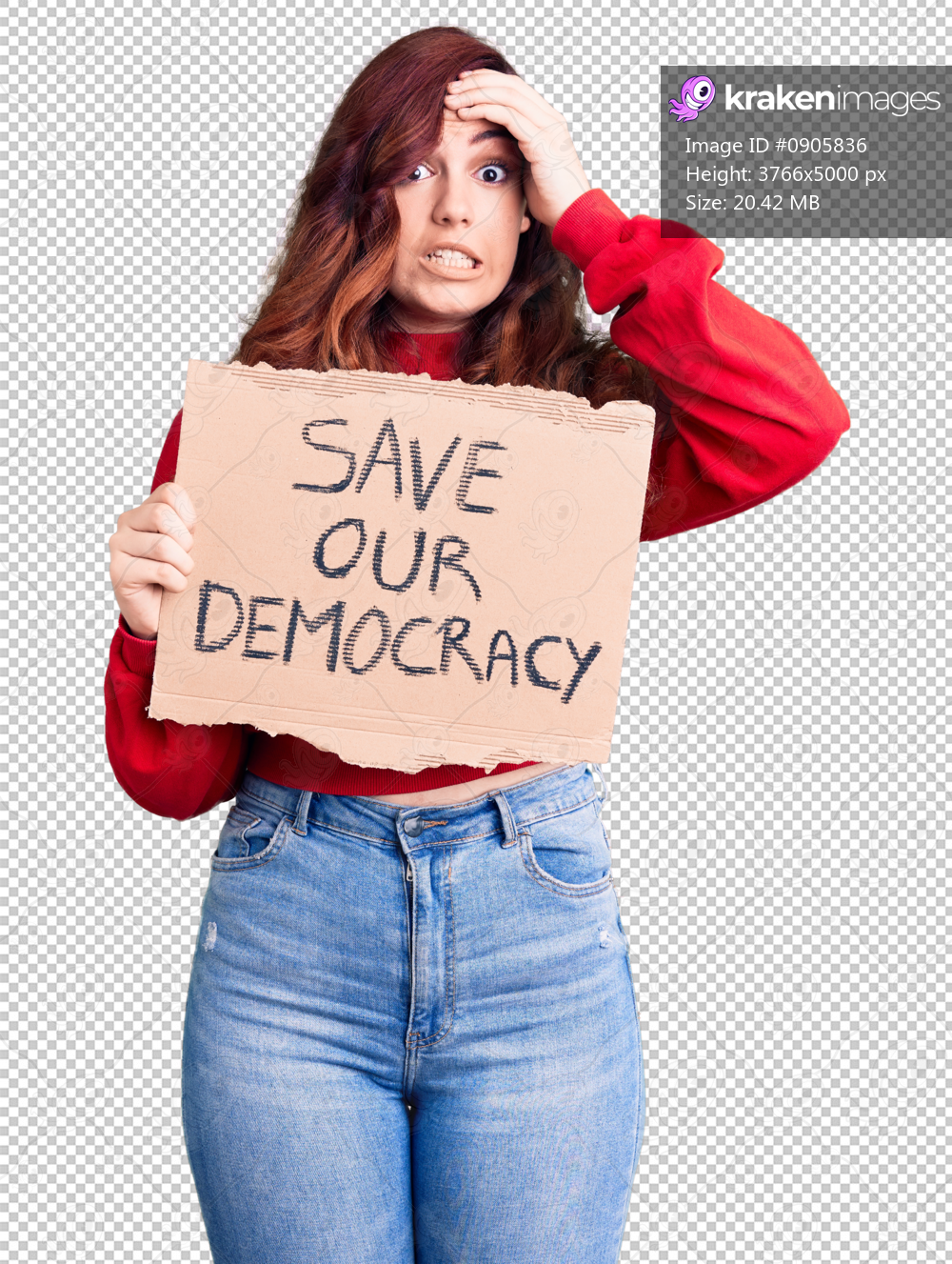 Young beautiful woman holding save our democracy protest banner stressed and frustrated with hand on head, surprised and angry face