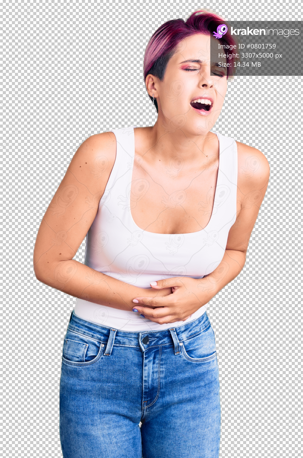 Young beautiful woman with pink hair wearing casual clothes with hand on stomach because nausea, painful disease feeling unwell. ache concept.