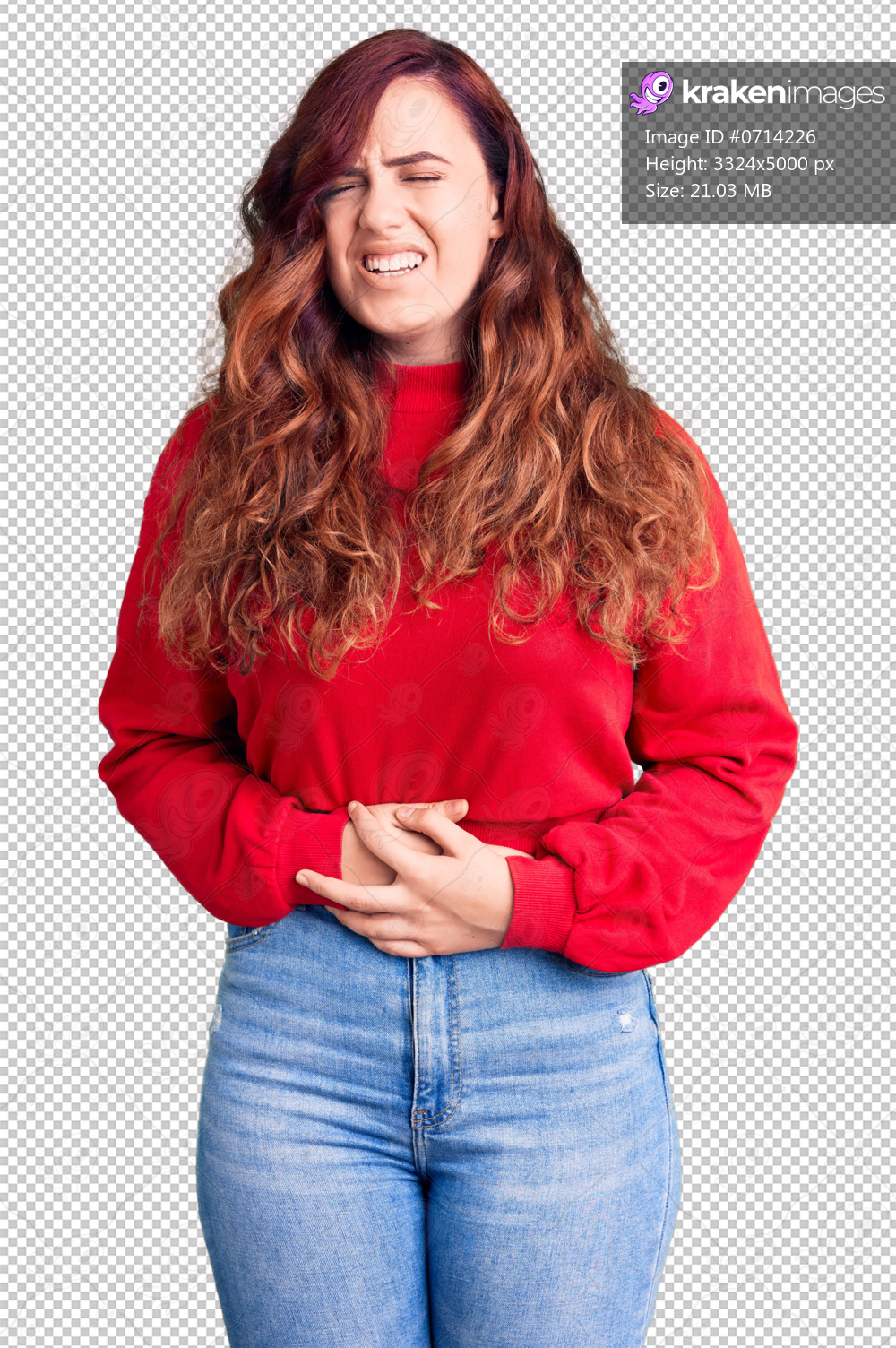 Young beautiful woman wearing casual winter sweater with hand on stomach because nausea, painful disease feeling unwell. ache concept.